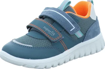 A single blue and orange sneaker with white soles and laces.