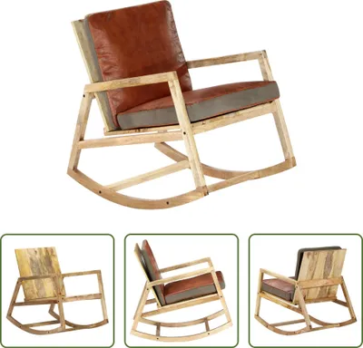 Immagine prodotto di The Living Store Sedia a dondolo marrone in vera pelle e legno massiccio di mango