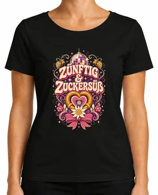 Productafbeelding van Zünftig & Zuckersüß: Volksfeest, Wiesn (Oktoberfest), Brezel (pretzel), traditionele kleding, lederen broek, dames T-shirt, zwart, maat XL