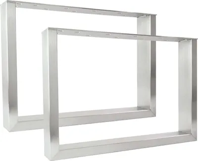 Two identical metal table legs are shown against a white background.