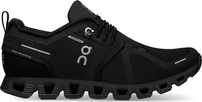 A black running shoe is shown from the side against a white background.