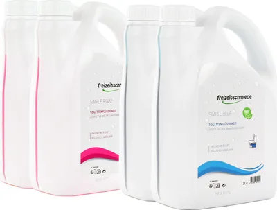 Produktbild von Freizeitschmiede Set 2x Simple Blue + 2x Simple Rinse Toiletten Zusatz je 2L Sanitärflüssigkeit und Spülwasserzusatz Campingtoiletten Zusatz