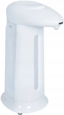 A white automatic soap dispenser is shown against a white background.