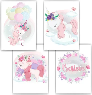 Produktbild von Einhorn Regenbogen Bilder 4er Set DIN A4 Kinderzimmer Wandbilder Babyzimmer Poster Dekoration