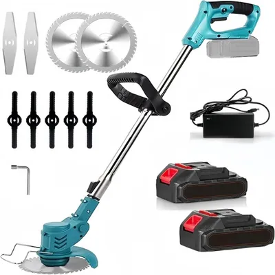 Produktbild von Akku-Rasentrimmer mit 2 Akku und Ladegerät,Leicht Freischneider mit 3 Arten Klinge,Motorsense,Teleskop-Stiel & Zusatzhandgriff für Rasen,Garten, Blau