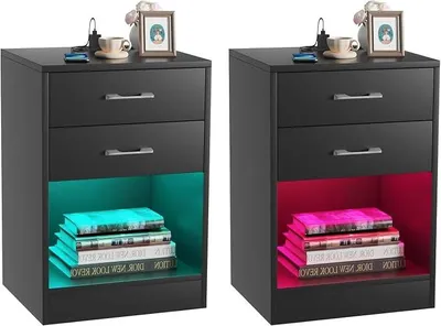 Imagen del producto de Juego de 2 mesitas de noche con enchufe y puerto USB, mesa auxiliar negra con amplio espacio de almacenamiento, mesitas de noche con 2 cajones, ideales para el dormitorio, color , dimensiones: 40x35x60 cm