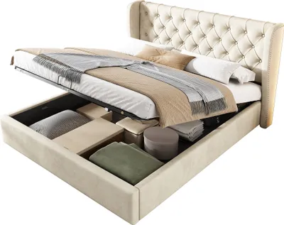 Produktbild von Merax Polsterbett 140x200cm mit Lattenrost, Hydraulisches Boxspringbett mit Bettkasten und Stauraum, Samt Doppelbett Ohrenform Stauraumbett, Beige