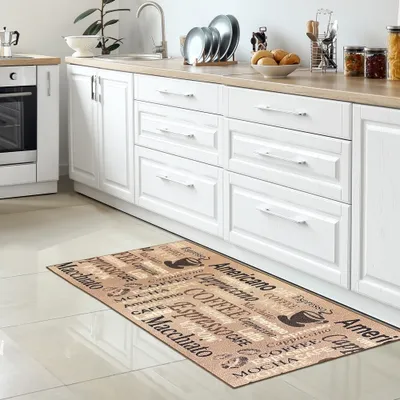 Produktbild von Coffee Küchenläufer I beige I  Gelrücken und braunem Schriftzug Größe - 80 x 150 cm