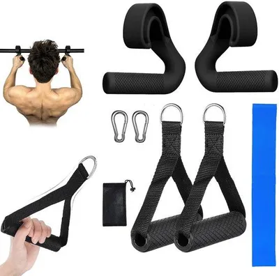 Immagine prodotto di Set Unyqoos® con 4 impugnature per allenamento della forza: 2 impugnature per trazioni e 2 impugnature per esercizi a una mano, realizzate in materiale composito in nylon ad alta densità, con design ergonomico a 45°, antiscivolo e resistenza alla trazione di 200 kg
