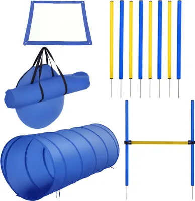 Produktbild von Agility Set Hunde, 4-teiliges Agility Ausrüstung mit Hundetunnel, Hürden, 8 Slalomstangen, Startfeld, Aufbewahrungstasche, Steckhürdenset für Hundetraining, Trainingsset für Hunde Gelb+Blau
