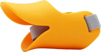 A close-up product shot of an orange duck-billed dog muzzle with a gray strap, isolated on a white background.