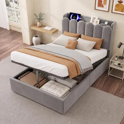 Produktbild von MODFU Polsterbett 90 x 200 mit Samtbezug,Funktionsbett mit Hydraulischem Bettkasten,Jugendbett mit Kopfteilablage und LED-Nachtlicht,Grau(ohne Matratze), KI-generiertes Bild