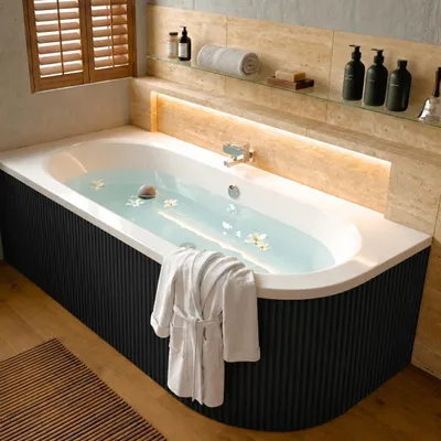 Produktbild von AQUA For You | Badewanne - BESCO AVITA - Eckbadewanne - 150x75 cm - LINKS - Schwarz Set mit Schürze, Füßen, Ablaufgarnitur, Rechteck Badewanne