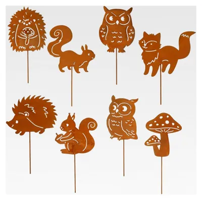 Produktbild von 8er Gartenstecker Herbst Rost mit Igel, Eule, Pilz, Eichhörnchen und Fuchs, Metall Herbstdeko für drinnen und draußen, Rostdeko für Garten, Blumentopf und Balkon