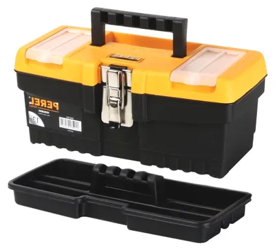 Produktbild von Werkzeugkoffer 6,8 Liter, kompakter Koffer mit herausnehmbarer Einsatzbox, 2 Organisern im Deckel, Metallverschluss, klappbarem Griff, schwarz-orange 32 x 15,5 x 13,9 cm