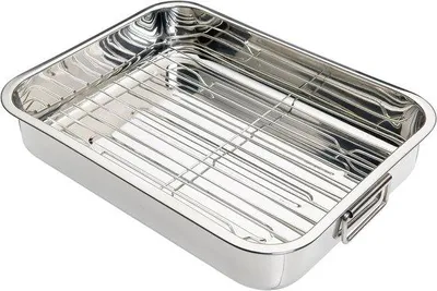 Productafbeelding van Unyqoos® Roestvrijstalen braadpan, 35 x 28 x 6,5 cm, met uitneembaar rooster – zilver, met inklapbare handgrepen, geschikt voor vetarm braden en sauzen, niet geschikt voor inductiekookplaten