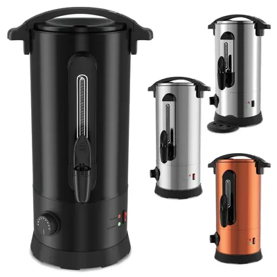 Obrázek produktu pro Peviasot, ohřívač svařeného vína, objem 10 litrů, výkon 1500 W, černá barva, regulace teploty 30–100 °C, nerezová ocel, výtokový kohoutek, funkce udržování teploty, indikátor hladiny vody