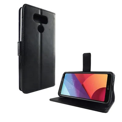 A black flip-style phone case is shown, with the phone inside and open, displaying its screen.