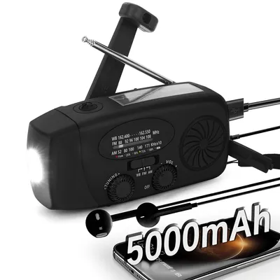 Produktbild von Notfall Kurbelradio 5000mAh, Solar & Handkurbel, AM/FM/NOAA Wetterradio, LED Taschenlampe, SOS Alarm, für Katastrophen & Outdoor