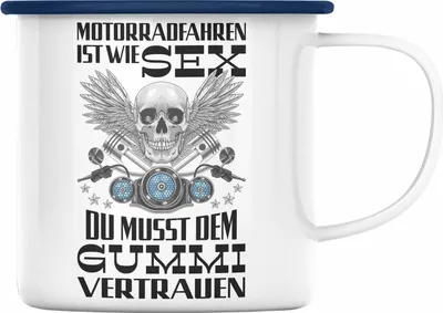 Produktbild von Trendation - Motorradfahrer Geschenk für Männer Motorrad Emaille Tasse mit Spruch Emaille Emaille Tasse für Biker Herren Papa (Blau)