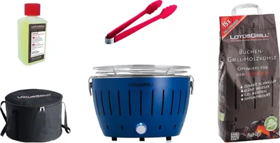 A collection of barbecue accessories, including a grill, charcoal bag, tongs, and cleaning fluid.