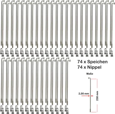Produktbild von 74 Stück Speichen 238mm Spokes silber NIROSTA 2mm inkl. Messing Speichennippel