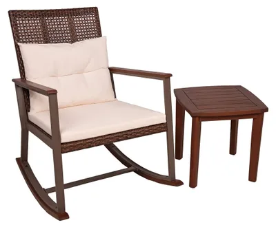 Produktbild von Outdoor-Schaukelstuhl MAINZ mit Beistelltisch Dunkelbraun Eukalyptus | Gartenstuhl Relaxsessel Garten Balkon Outdoor