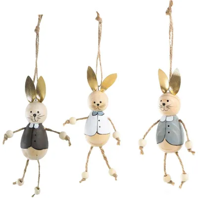 Produktbild von 3 lange Osterhasen Anhänger - 14 cm - in dunkelbraun + grau + weiß - zum Aufhängen