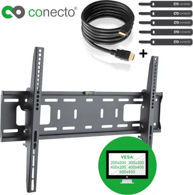 Produktbild von conecto CC50265 Wandhalterung für TV Geräte mit 81-165 cm (32-65 Zoll), neigbar: -10° bis 5°, Wandabstand: 56mm, Traglast: max. 50,0kg, VESA 600x400, schwarz, inkl. GRATIS HDMI-Kabel und Klett-Kabelbinder