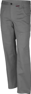 A pair of grey work pants displayed against a white background.
