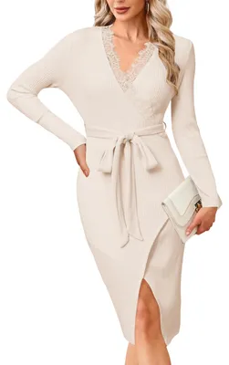 Produktbild von Solidchoice – Damen Kleid aus Spitze mit V-Ausschnitt, eng anliegend, gestrickt, mit langen Ärmeln