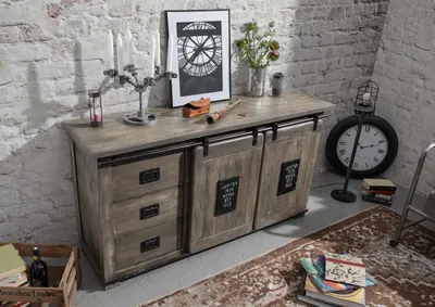 Produktbild von MASSIVMOEBEL24 Sideboard Mango 150x45x80 grau lackiert RAILWAY #200