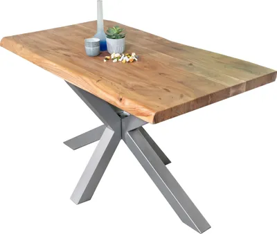 Produktbild von Esstisch Baumkante massiv Akazie Natur 120 x 80 Spider-Gestell silber CALI