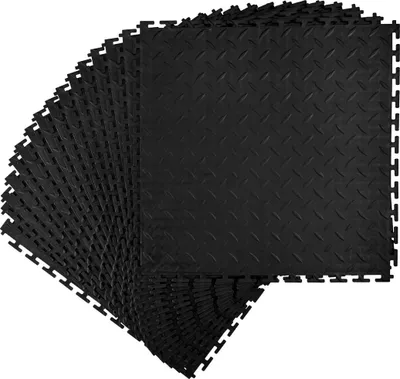 Zdjęcie produktu dla Płytki podłogowe do garażu, łączone, opakowanie 16 sztuk 513 x 513 x 5 mm Łączone modułowe płytki podłogowe do garażu, antypoślizgowe maty PVC z wzorem rombowym do warsztatu, magazynu, pomieszczenia narzędziowego, czarne