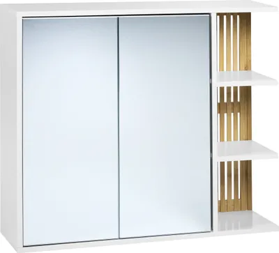 Produktbild von BELIANI Bad Spiegelschrank Weiß u. Hellbraun aus MDF Bambusholz Kiefernholz 70 x 80 cm Lamellen Optik Hängeschrank Badezimmermöbel
