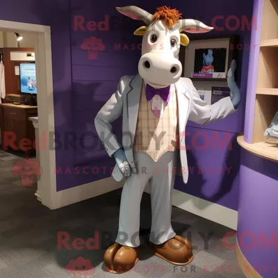 Produktbild von Maskottchen REDBROKOLY einer lavendelfarbenen Guernsey-Kuh mit Blazer und Schuhclips