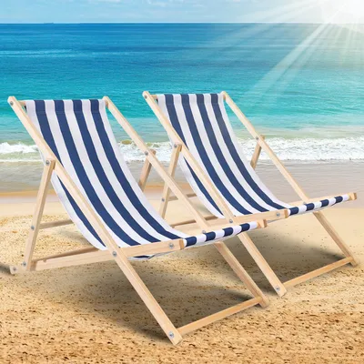 Image de TolleTour Chaise longue 2X Chaise longue de plage en bois Chaise pliante Chaise longue en bois Chaise longue pliante Tissu Bleu blanc