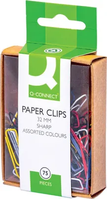 Produktbild von Q-CONNECT - Q-CONNECT papierklemmen, 32 mm, doos van 75 stuks, ophangbaar, geassorteerde kleuren.