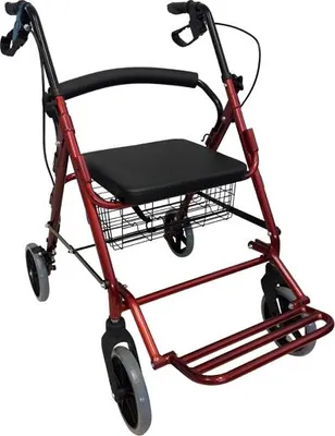 Zdjęcie produktu dla Chodzik rehabilitacyjny, balkonik czterokołowy Oslo z siedziskiem i koszem, aluminiowy, składany, bordowy