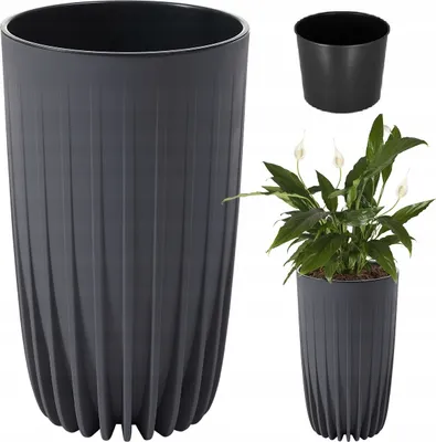 A collage of images showing a tall, ribbed planter in anthracite, a smaller planter, and a plant in a planter.