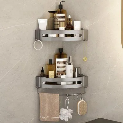 Imagen del producto de Uniqoos® Estante de ducha sin taladro – Estante de esquina de aluminio de 30 x 22 x 4,5 cm, juego de 2 unidades con 4 ganchos, cesta de ducha con capacidad de hasta 10 kg, ideal para baño y cocina