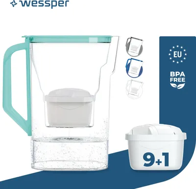 Produktbild von Wessper Kühlschrank-Wasserfilterkanne D3 Slim AquaMax 2,7 L Minze + 10 Filter – kompatibel mit Brita Maxtra