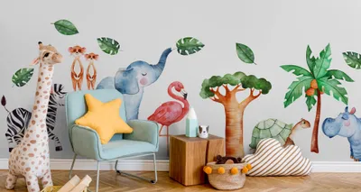 Produktbild von Muralo Wandsticker Glückliche Wildtiere 50 x 100 cm Wandtattoo Wanddeko Aufkleber Set Kinderzimmer XXL