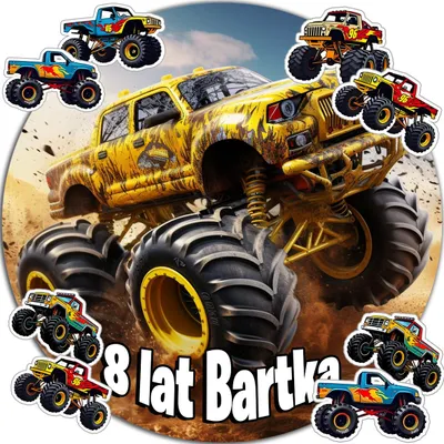 Produktbild von Kuchenplakette 20 cm – Monster Truck Geburtstagsdekoration + Name 15 cm, 18 cm