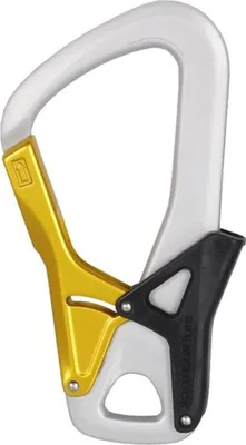 Alukarabiner Palm Keylock von Singing Rock; weiß mit gelben und schwarzen Akzenten; für Klettersteig-Ausrüstung.