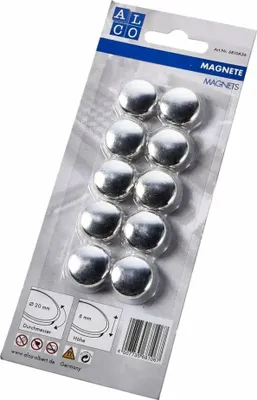 Produktbild von Haftmagnete, rund, silberfarben, Ø 20 mm, Blisterkarte à 10 Stück, Haftkraft 0,1 kg