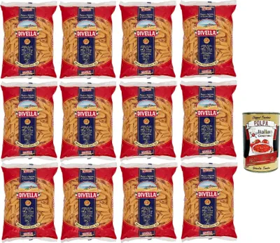 Produktbild von Divella Pasta 100% Italienisch Mezze penne rigate 42, Nudeln aus Hartweizengrieß, Kochen 11 Minuten 12x 500g + Italian Gourmet polpa 400g
