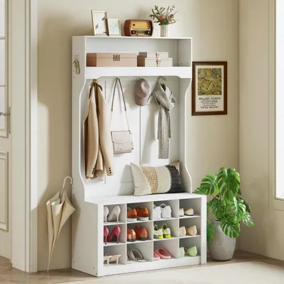 Zdjęcie produktu dla Szafka do przedpokoju z ławką i półką na buty 100 x 172,2 x 35 cm Szafka do przedpokoju z 12 przegrodami na buty i 6 wieszakami, imitacja drewna, biała, styl rustykalny