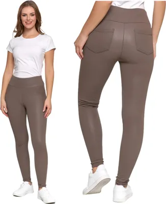 A woman is shown wearing beige leggings and a white t-shirt, with a close-up of the leggings from the back.