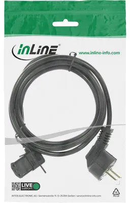 Produktbild von InLine Netzkabel, Schutzk. gew. / Kaltgerätest. C13 links abgew., schwarz, 1m, 1 m, CEE7/7, IEC C13